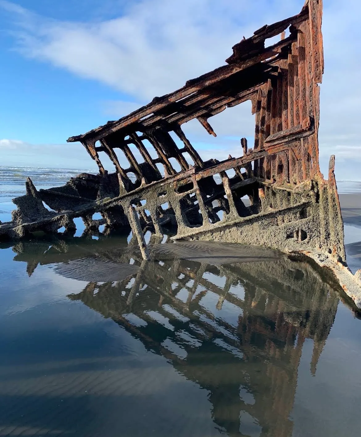 The rusted ribs of the Peter Iredale shipwreck at Fort Stevens